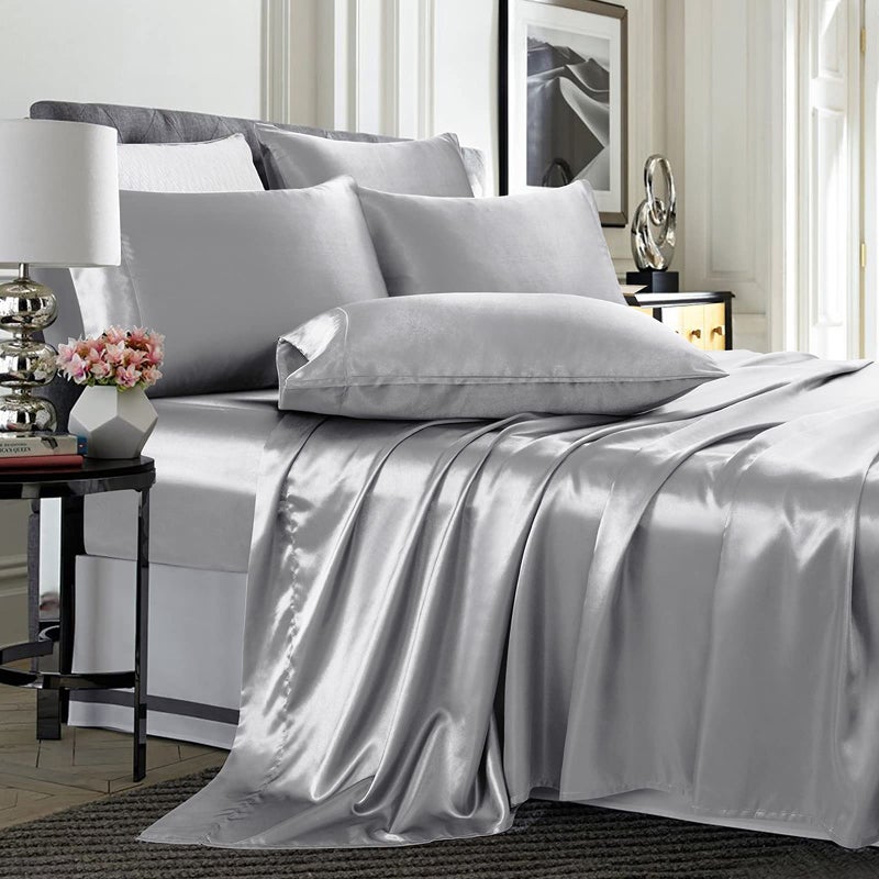TREELY 6 Piece Queen Size Silky Smooth Silver Grey Satin Sheet Set With Deep Pocket Fitted Sheet Flat Sheet 4 Pillowcases