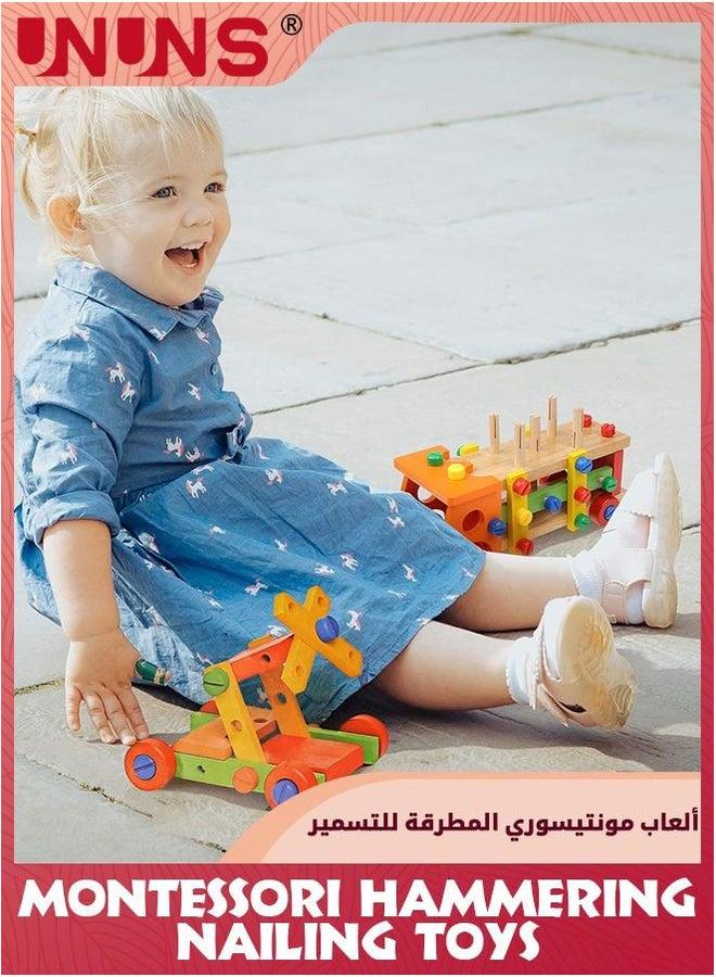 UNUNS ألعاب مونتيسوري الخشبية، ألعاب متعددة الوظائف للطرق والمسامير للأطفال، أنشطة تعليمية لمرحلة ما قبل المدرسة، مجموعة أدوات بناء شاحنة خشبية للأطفال من عمر 3 سنوات فما فوق - Image 5