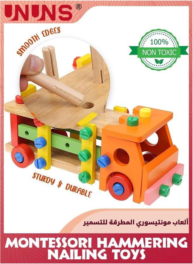 UNUNS ألعاب مونتيسوري الخشبية، ألعاب متعددة الوظائف للطرق والمسامير للأطفال، أنشطة تعليمية لمرحلة ما قبل المدرسة، مجموعة أدوات بناء شاحنة خشبية للأطفال من عمر 3 سنوات فما فوق - Image 3