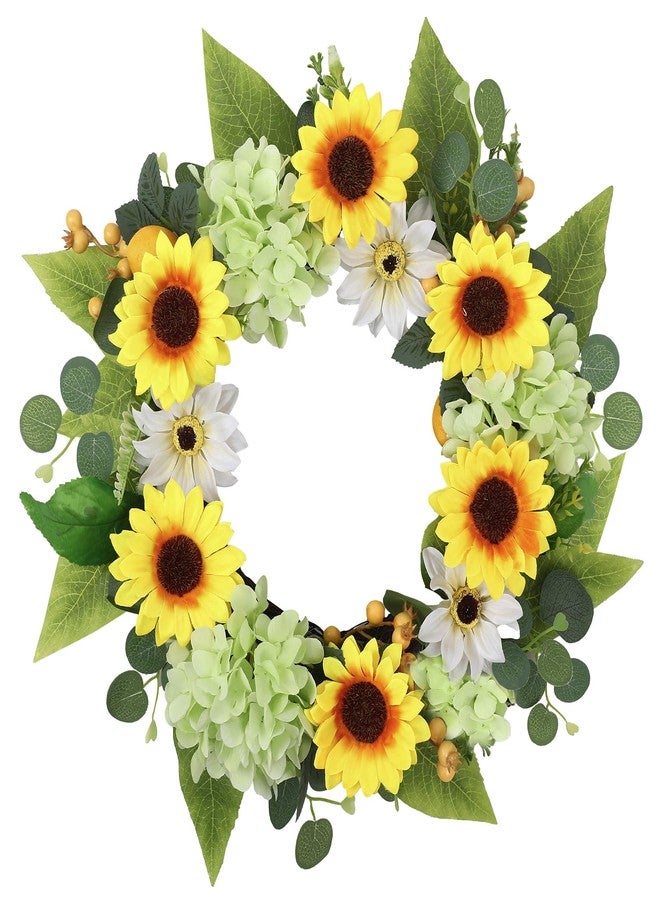 Ovveroche 20 Inch Artificial Sunflower Wreath, Faux Sunflower Hydrangea Wreath with Lemons for Front Door, Summer Farmhouse Wall Home Decor - Image 1