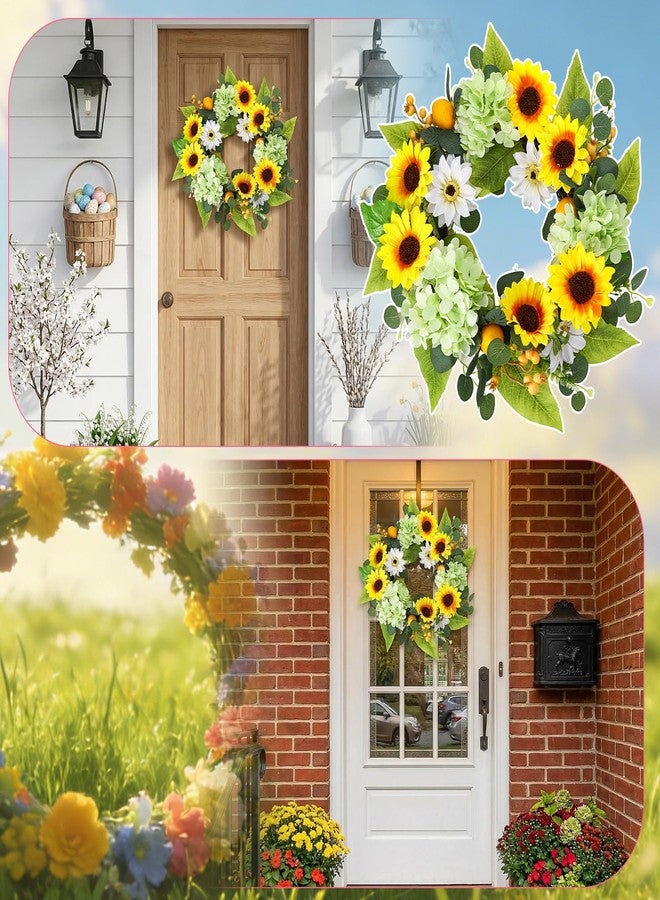 Ovveroche 20 Inch Artificial Sunflower Wreath, Faux Sunflower Hydrangea Wreath with Lemons for Front Door, Summer Farmhouse Wall Home Decor - Image 3