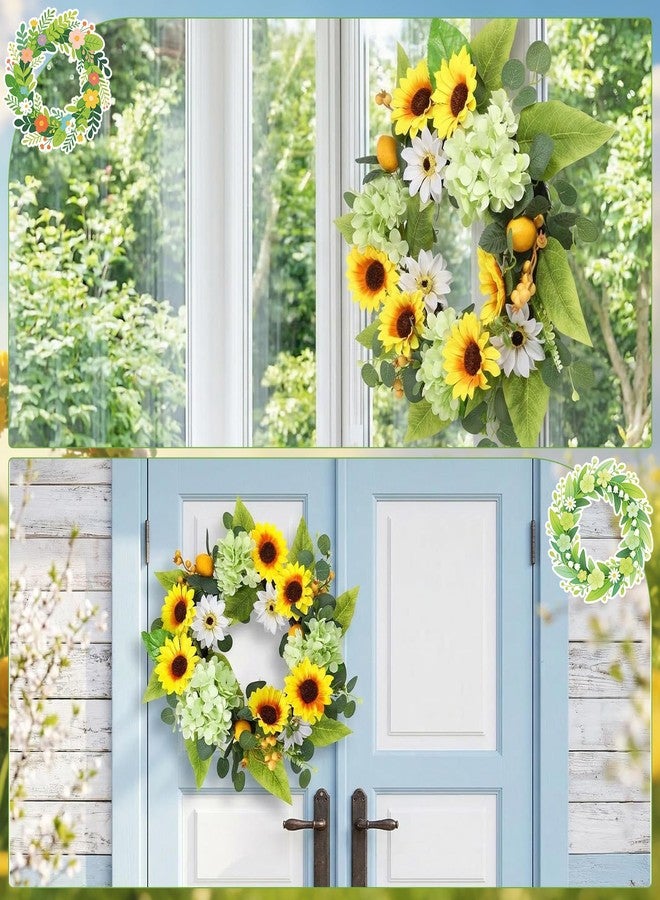Ovveroche 20 Inch Artificial Sunflower Wreath, Faux Sunflower Hydrangea Wreath with Lemons for Front Door, Summer Farmhouse Wall Home Decor - Image 4