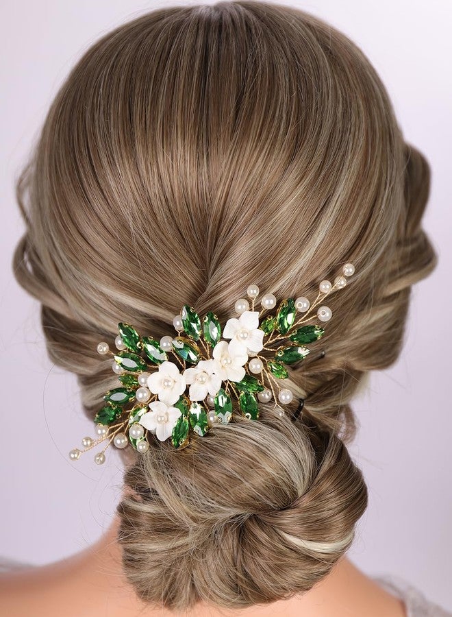 Rumtock Emerald Green Crystal 3D White Flower Gold Hair Comb for Wedding Brides Bridesmaid Handmade Vintage Pearl Jewelry (Emerald) - Image 1