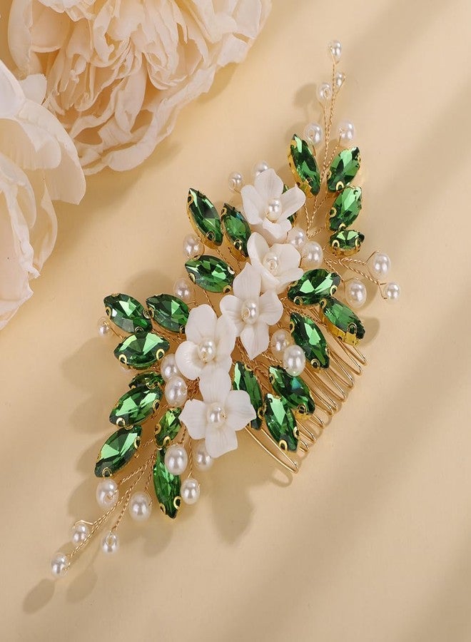 Rumtock Emerald Green Crystal 3D White Flower Gold Hair Comb for Wedding Brides Bridesmaid Handmade Vintage Pearl Jewelry (Emerald) - Image 3