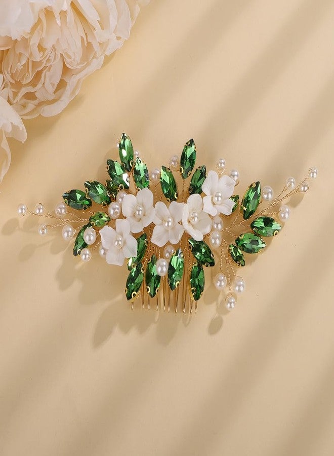 Rumtock Emerald Green Crystal 3D White Flower Gold Hair Comb for Wedding Brides Bridesmaid Handmade Vintage Pearl Jewelry (Emerald) - Image 2