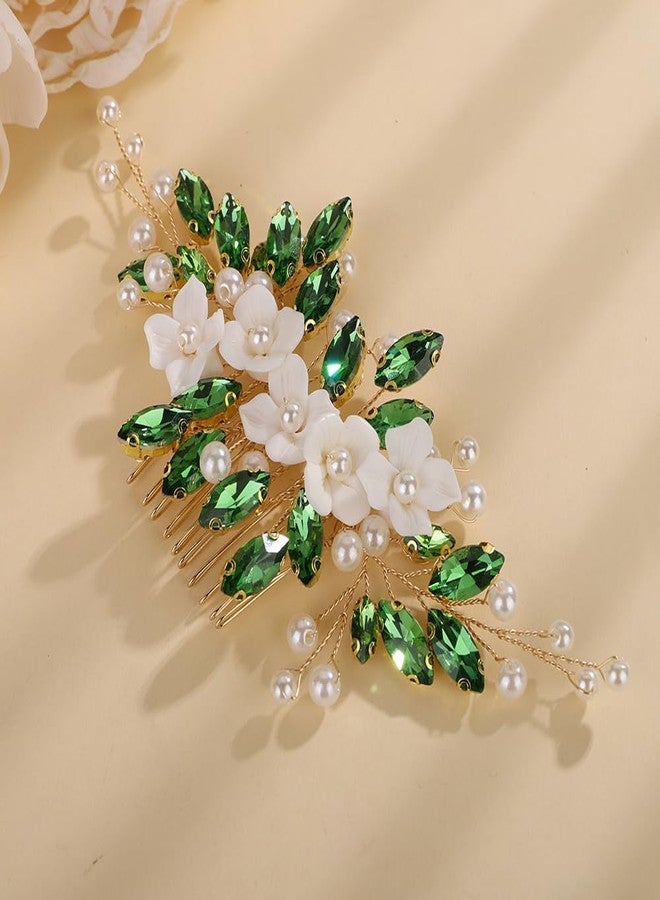 Rumtock Emerald Green Crystal 3D White Flower Gold Hair Comb for Wedding Brides Bridesmaid Handmade Vintage Pearl Jewelry (Emerald) - Image 4