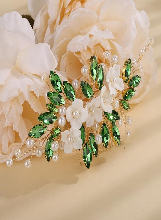 Rumtock Emerald Green Crystal 3D White Flower Gold Hair Comb for Wedding Brides Bridesmaid Handmade Vintage Pearl Jewelry (Emerald) - Image 5