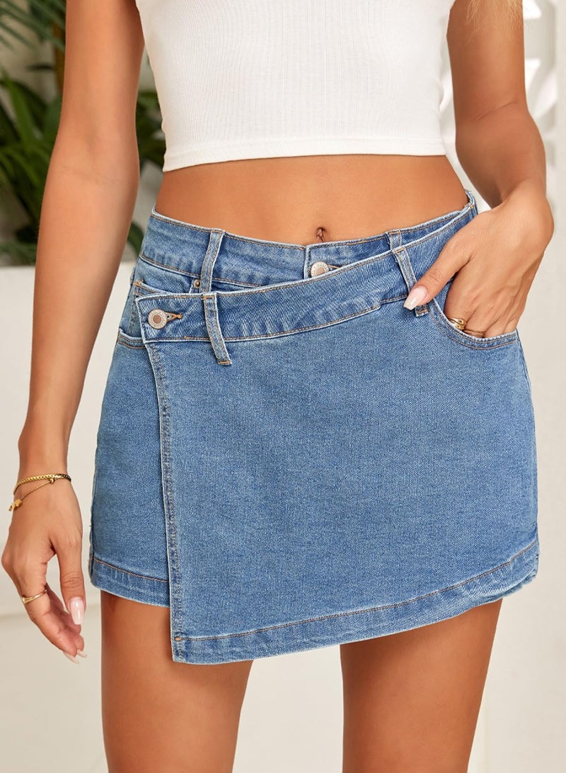 Sidefeel Womens Denim Skorts for Woman High Waisted Jean Skort Wrap Stretchy Asymmetrical Skorts Iceland Blue Size 12 - Image 4