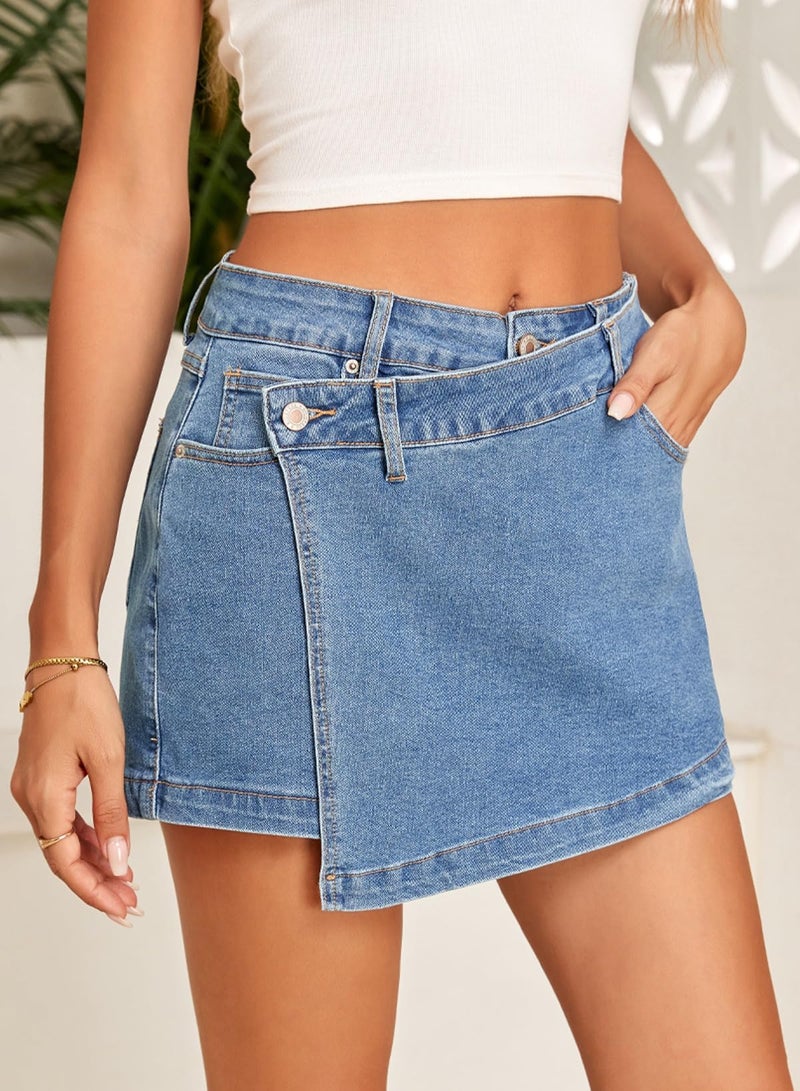 Sidefeel Womens Denim Skorts for Woman High Waisted Jean Skort Wrap Stretchy Asymmetrical Skorts Iceland Blue Size 12 - Image 3