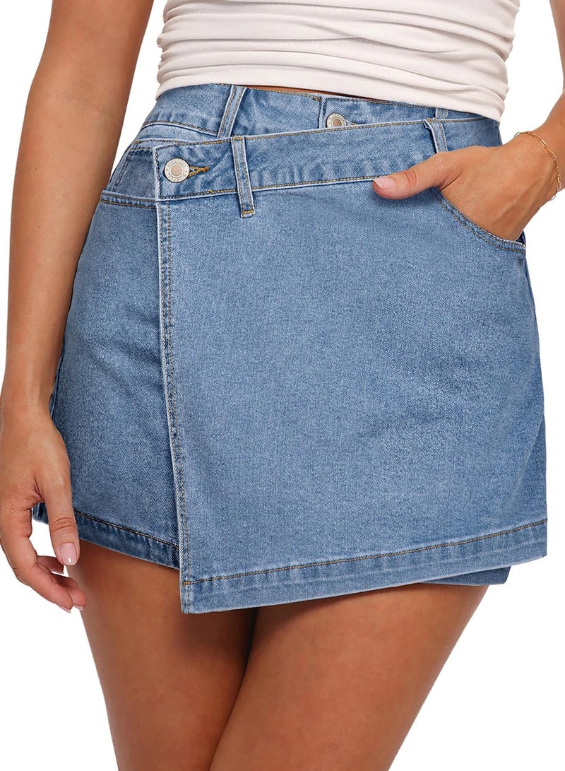 Sidefeel Womens Denim Skorts for Woman High Waisted Jean Skort Wrap Stretchy Asymmetrical Skorts Iceland Blue Size 12 - Image 1