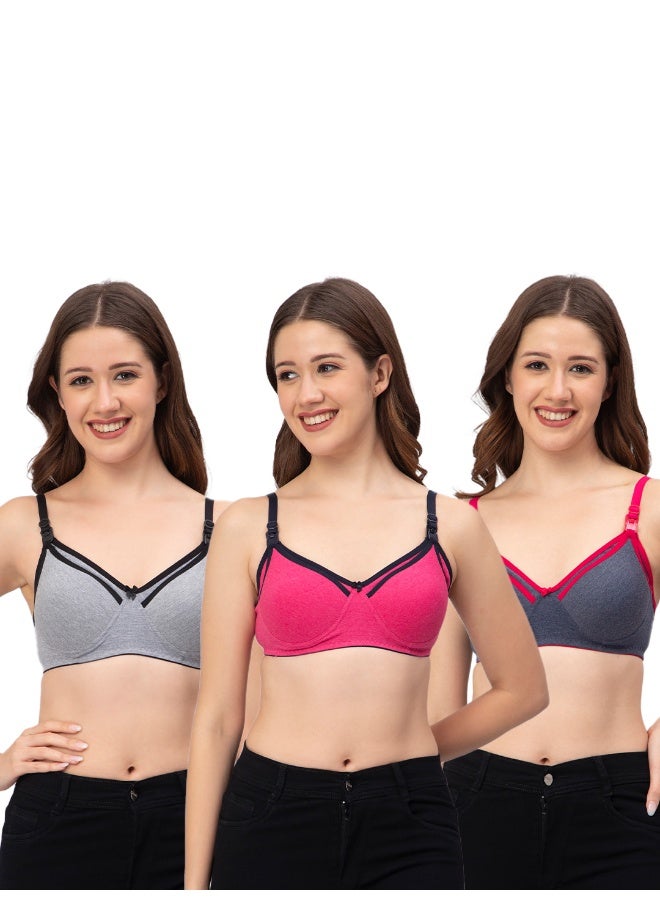 CEE 18 Women's Cotton Padded Non-Wired Maternity Bra (Tomato,Blue,Grey) - Image 1