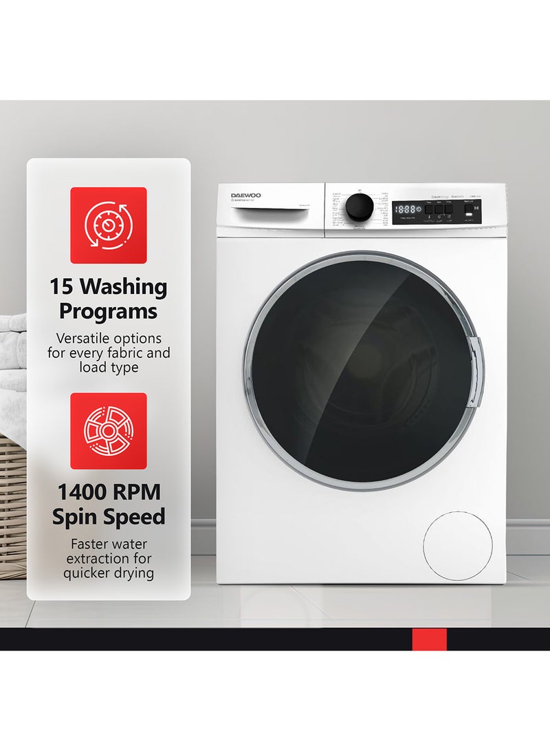 DAEWOO 9Kg Front Load Washing Machine With Lunar Dial, 1400 Rpm, Bldc Inverter Motor, Fully Automatic Washer With Wide Door, Digital Led Display, Child Lock, Steam Care, Quick Wash, 9 kg DWD-9W1412IT white - Image 3