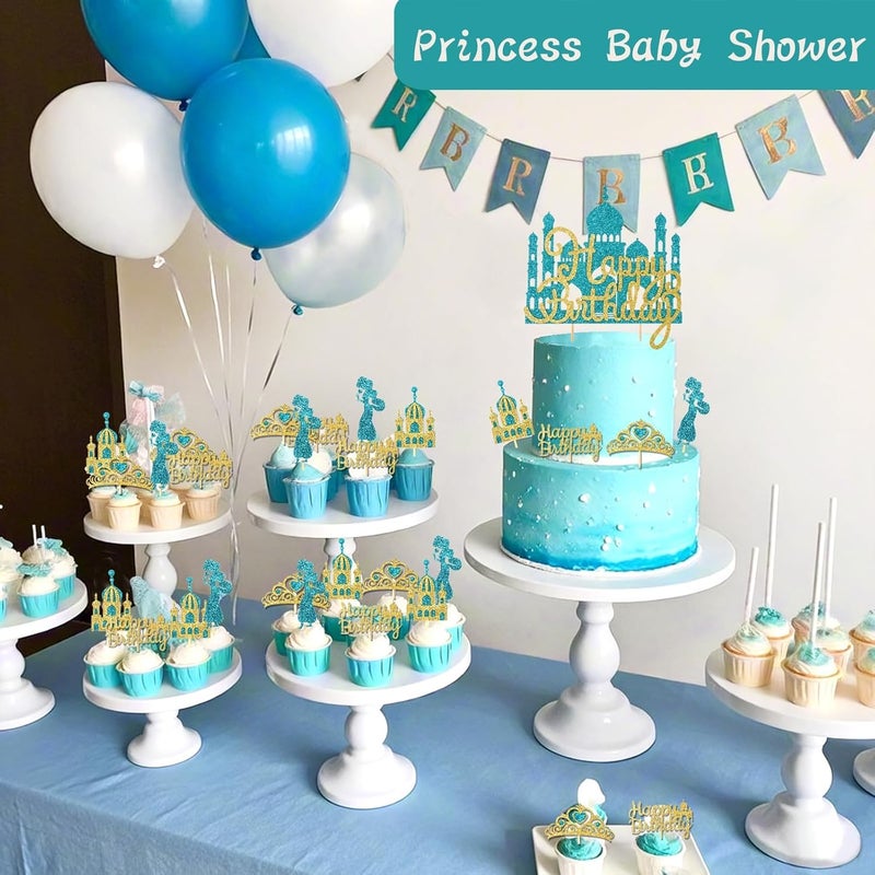 Wootkey 26Pcs Glitter Princess Cake Topper Set with Lake Blue Castle Gold Happy Birthday Cake Toppers Crown Cupcake Topper for Arabian Princess Birthday New Year Costume Party Decor - Image 5
