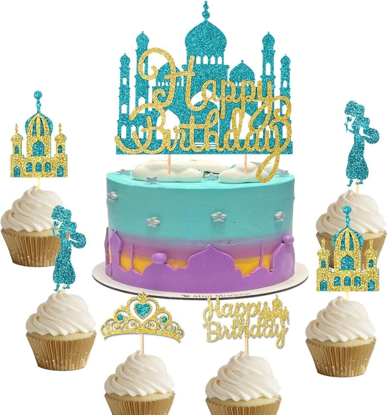 Wootkey 26Pcs Glitter Princess Cake Topper Set with Lake Blue Castle Gold Happy Birthday Cake Toppers Crown Cupcake Topper for Arabian Princess Birthday New Year Costume Party Decor - Image 1