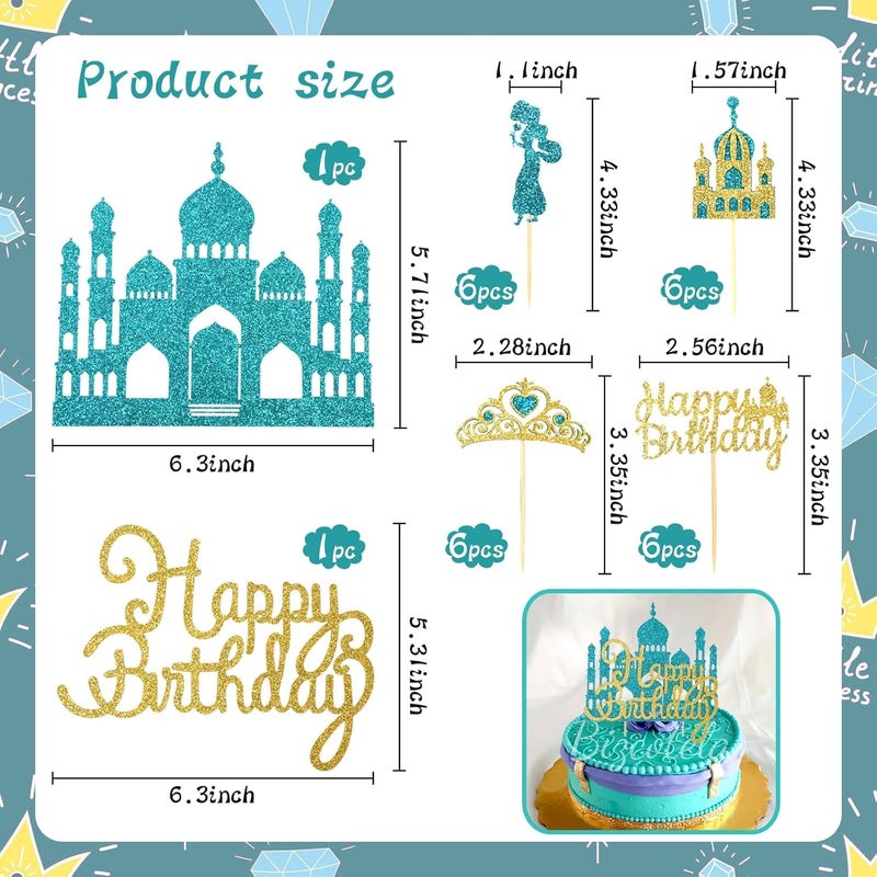 Wootkey 26Pcs Glitter Princess Cake Topper Set with Lake Blue Castle Gold Happy Birthday Cake Toppers Crown Cupcake Topper for Arabian Princess Birthday New Year Costume Party Decor - Image 2