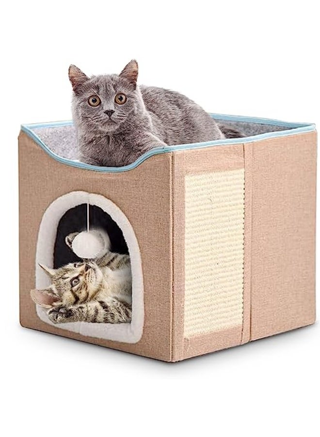 Cat Bed for Indoor Cats, Foldable Large Cat House with Mat, Multifunctional Cat Climbing Frame with Cat Scratch Board and Hanging Ball, Easy to Assemble, Pet Bed Cave - Image 1