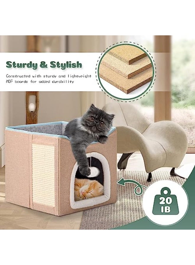 Cat Bed for Indoor Cats, Foldable Large Cat House with Mat, Multifunctional Cat Climbing Frame with Cat Scratch Board and Hanging Ball, Easy to Assemble, Pet Bed Cave - Image 3