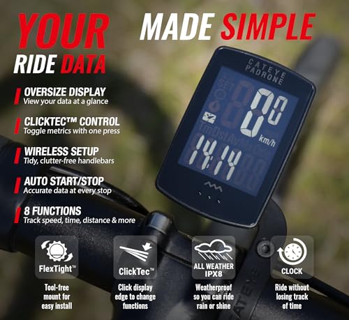 CATEYE Padrone Wireless Bike Computer – Oversized Display Cyclocomputer, Wireless Speedometer & Odometer, FlexTight™ Mount, Auto Start/Stop, Programmable Odometer - Image 3