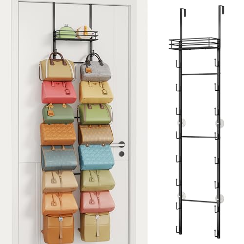 HapiRm Over The Door Purse Organizer Wall Mounted Purse Rack with 16 Hooks and Metal Basket Hanging Handbag Organizer Holds up to 16 Bags Bag Rack Can Use As 12 Part for Door Closet Black - Image 1