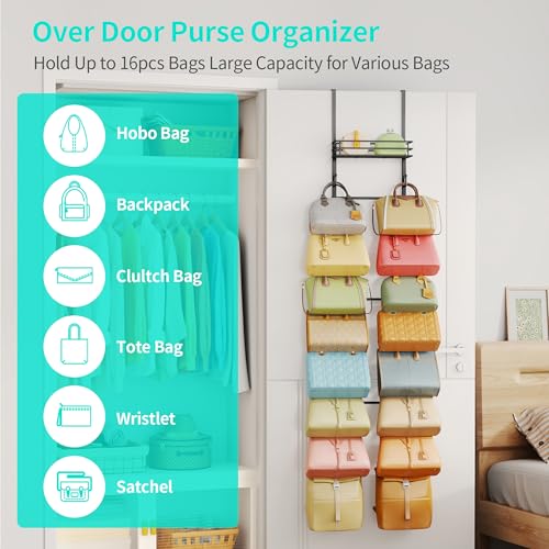 HapiRm Over The Door Purse Organizer Wall Mounted Purse Rack with 16 Hooks and Metal Basket Hanging Handbag Organizer Holds up to 16 Bags Bag Rack Can Use As 12 Part for Door Closet Black - Image 3