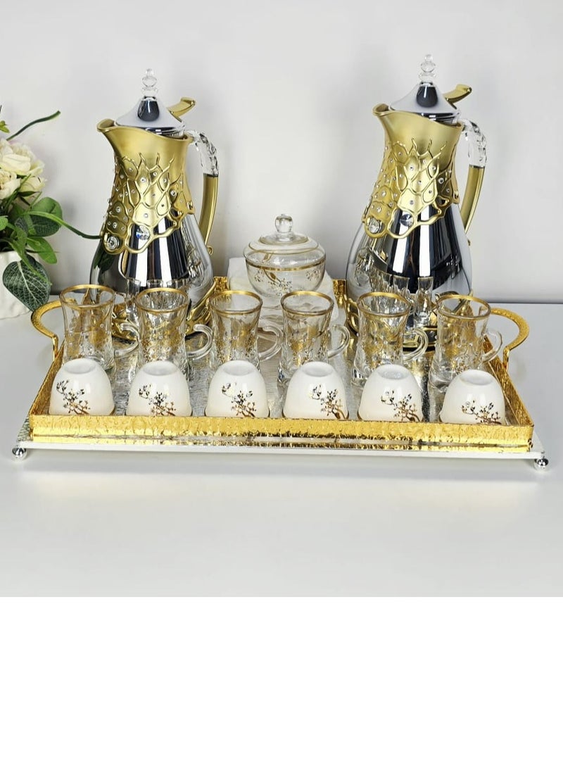 22Piece Arabic Tea & Coffee Set Elegant Silver Design with Thermoses Glass Cups & Tray 12 Hours Heat Retention