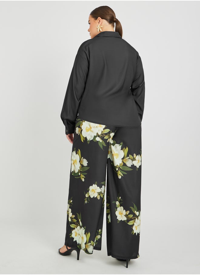 Styli Plus Size Floral Printed Satin Shirt and Wide Leg Pants Co-Ords  - Image 4