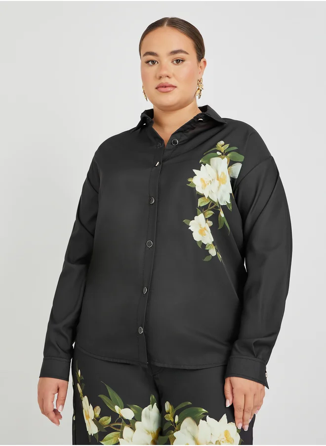 Styli Plus Size Floral Printed Satin Shirt and Wide Leg Pants Co-Ords