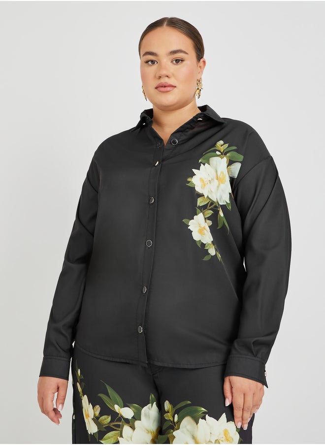 Styli Plus Size Floral Printed Satin Shirt and Wide Leg Pants Co-Ords  - Image 2