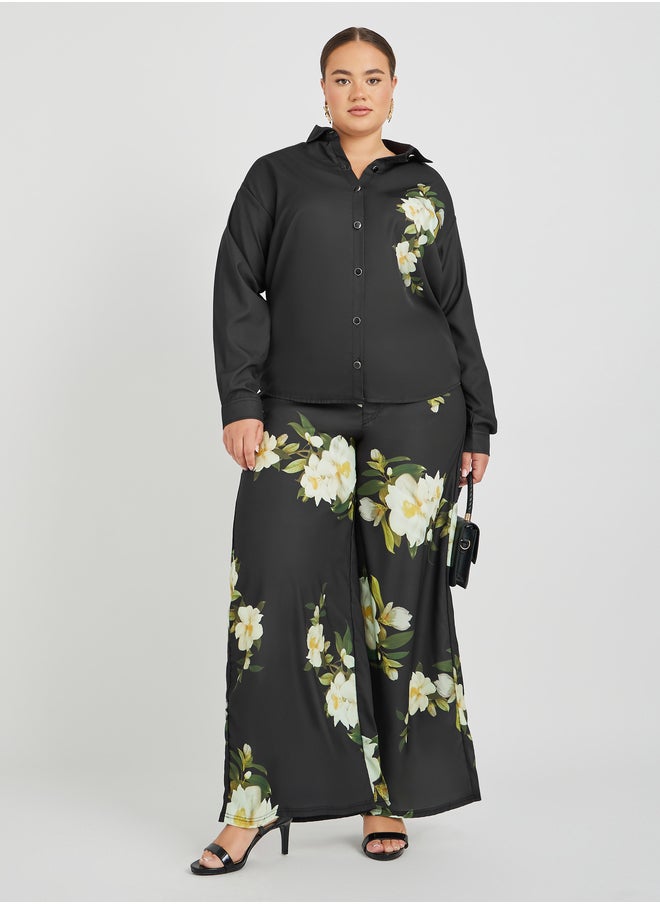 Styli Plus Size Floral Printed Satin Shirt and Wide Leg Pants Co-Ords  - Image 1