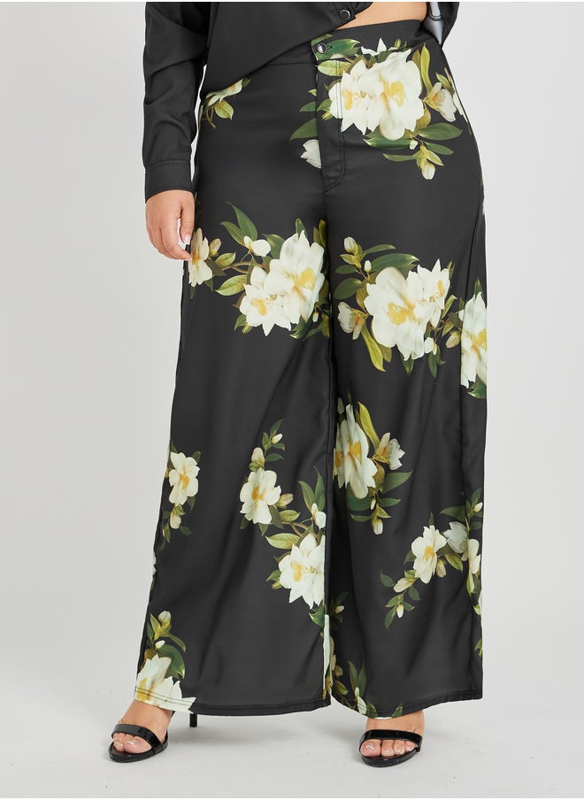 Styli Plus Size Floral Printed Satin Shirt and Wide Leg Pants Co-Ords  - Image 5
