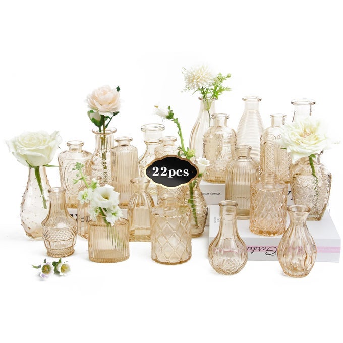 22 PACK BUD VASE IN BULK GOLD FLOWER VASES FOR WEDDING DECORATIONS GLASS VASE FOR TABLE DECORATIONS SMALL VASE FOR HOME MOTHERS DAY CENTERPIECES PARTY OFFICE GOLD