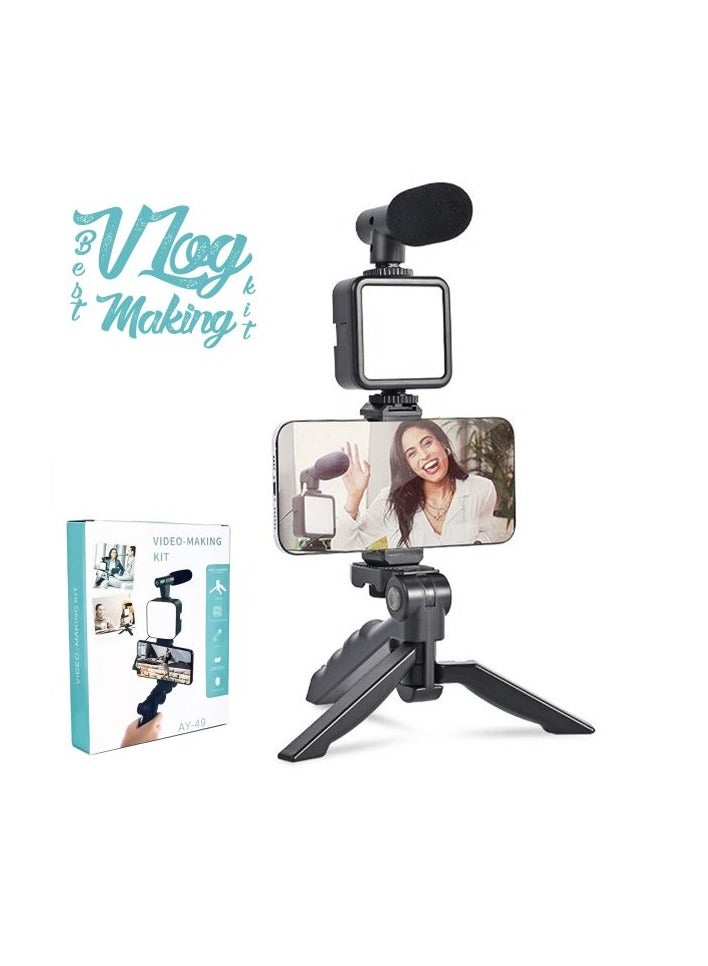 AY-49 Video Making Vlog Tripod Kit  With Microphone and Light - Image 1