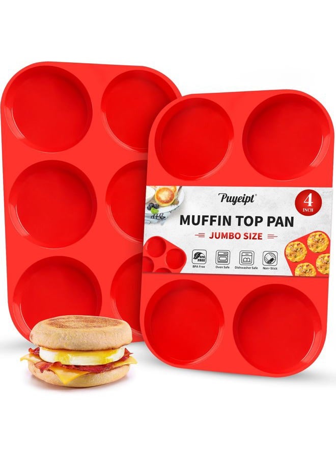 Puyeipt 2 Pack Silicone Egg Molds for Breakfast Sandwiches, 4 Inch Jumbo Muffin Top Pans, Non-Stick Round Baking Molds for Egg Bites, Whoopie Pies, English Muffins, Hamburger Buns - Image 1