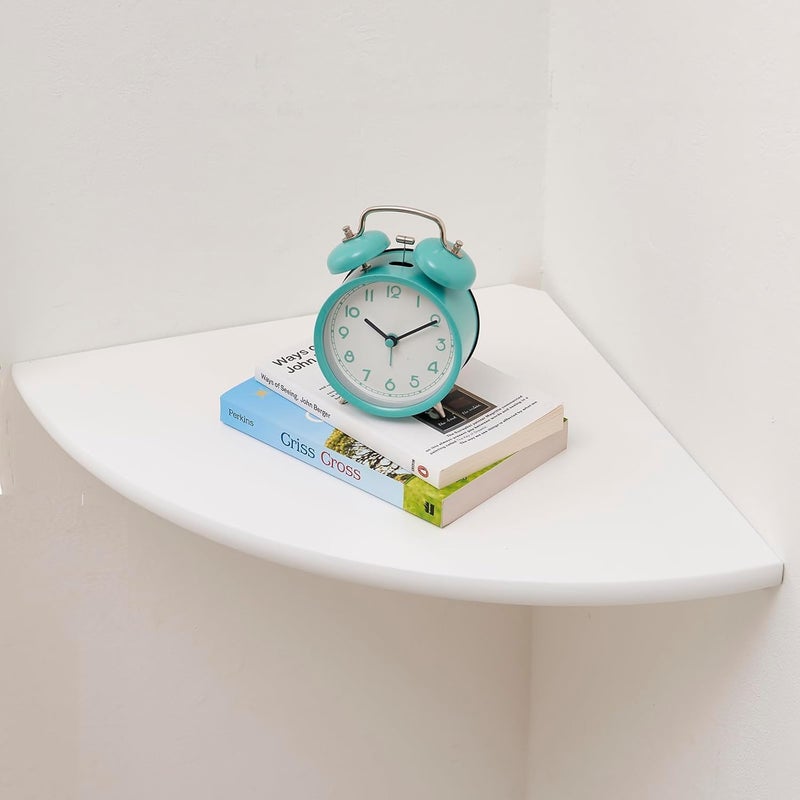 Conamily Corner Shelf, Solid Oak Wood Floating Corner Shelf Wall Mount Round End Floating Speaker with Wire Hole for Small Plant Photo for Bedroom Kitchen, Living Room White - Image 1