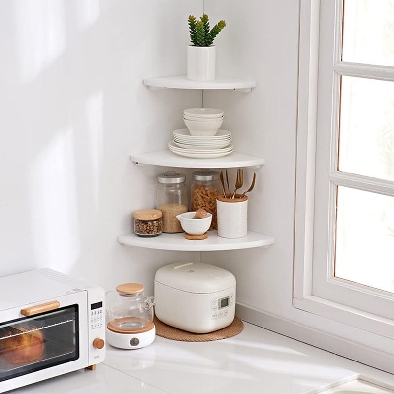 Conamily Corner Shelf, Solid Oak Wood Floating Corner Shelf Wall Mount Round End Floating Speaker with Wire Hole for Small Plant Photo for Bedroom Kitchen, Living Room White - Image 5