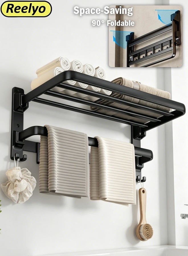 Reelyo Hanging Towel Rack, Foldable Wall-mounted Towel Bars Holder, 40CM Aluminum Towel Hanger for Bathroom, Space-saving Shelf Includes 2 Towel Hooks, Towel Bar Attachment, Holes, Hole Mounting, For Bathrooms, Washrooms, Kitchens, Easy to Store Luminiums, Bathrooms, Washbasins, Strong (Matte Black) - Image 1