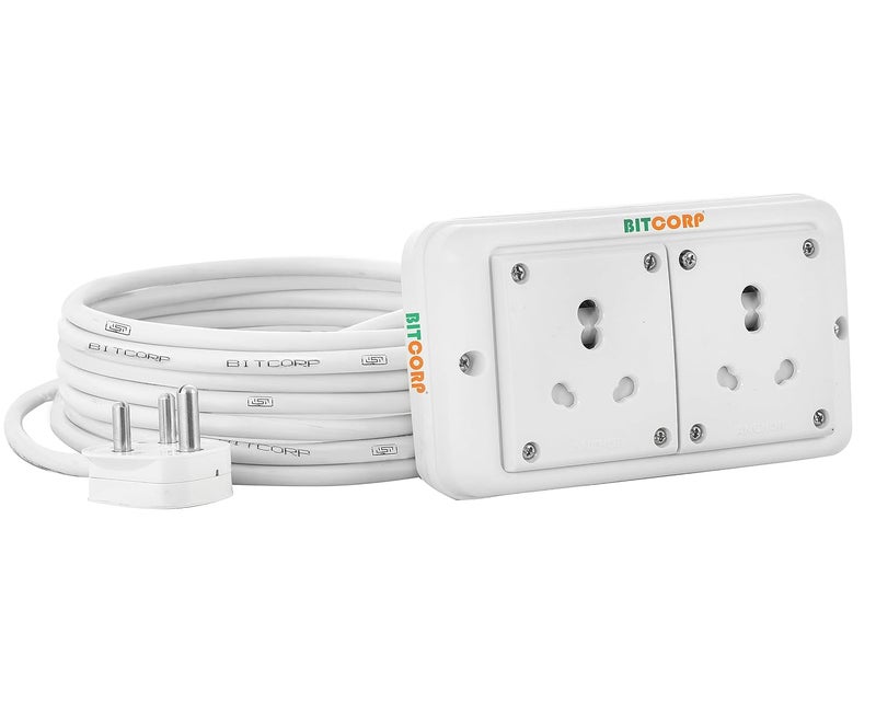 Bitcorp Multi Socket Extension Board 2 Way Plug 15A 16A 20A 3500W 1 Meter Long Length Cable Cord Compatible with Ac Fridge Washing Machine Microwave and Heavy Appliances White - Image 1