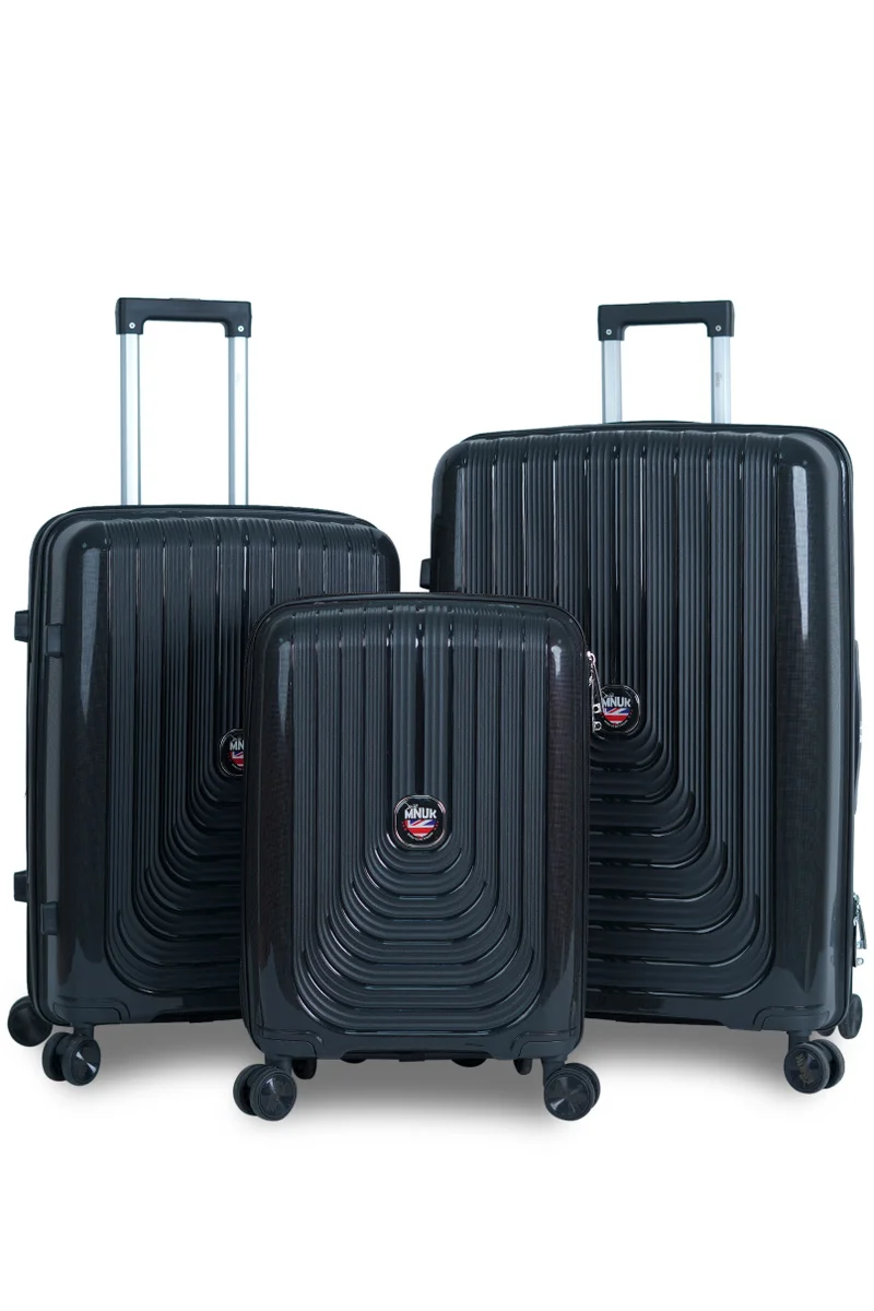 MNUK Viajero Stra Ordinario Set of 3 Luggage| Polypropylene (PP) Hardside Luggage Trolley|Double 360° 4 Wheeler| Cabin-20 Inch, Medium-24 Inch, Large-28 Inch|Black