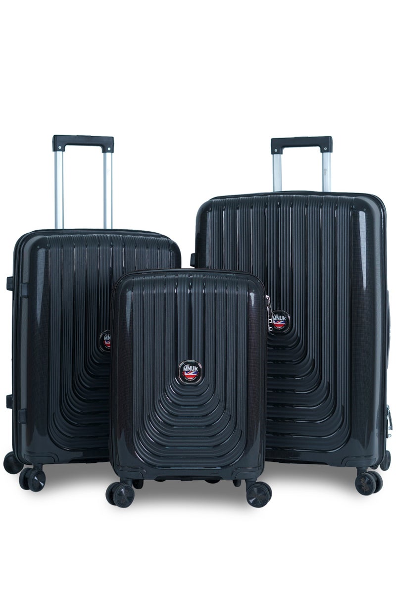 MNUK Viajero Stra Ordinario Set of 3 Luggage| Polypropylene (PP) Hardside Luggage Trolley|Double 360° 4 Wheeler| Cabin-20 Inch, Medium-24 Inch, Large-28 Inch|Black - Image 1