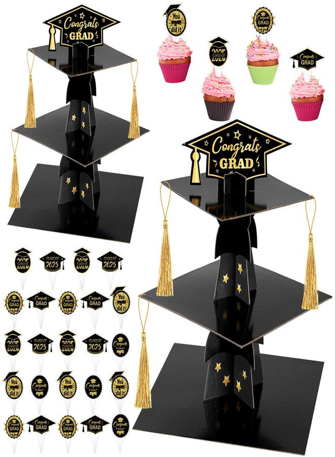 Mooliwe 2 Set Graduation Cap Cupcake Stand with 24 Graduation Cupcake Toppers 6 Tassel Graduation Party Decorations Graduation Cardboard Cake Dessert Holder Tower for 2026 Congrats Grad Party Supplies - Image 1