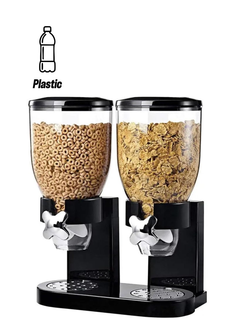 Dual Cereal Dispenser Classic Dry Food Canister, Dry Food Dispenser Control Storage Container, Great for Cornflakes, Candy, Nuts, Beans, Granola - Kitchen Storage Dispenser, Black