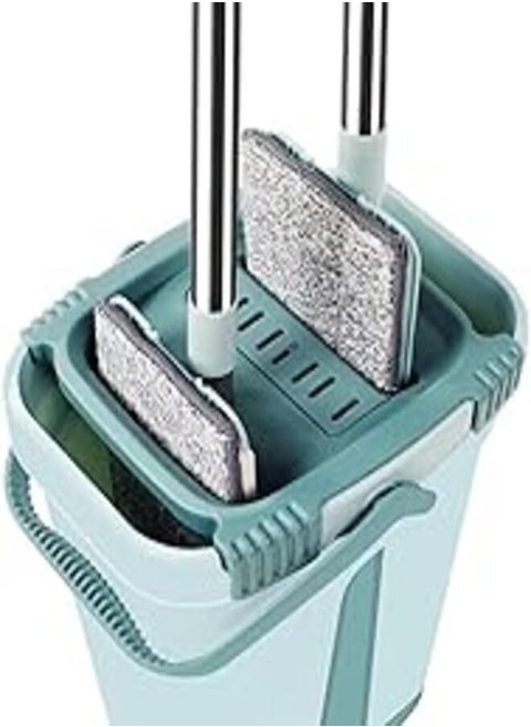 Hand Washable Lazy Mop Bucket Set, Wet and Dry Washing Mop and Scraping All-in-One Flat Mop Japanese Style Scraper No Wash - Multicolor