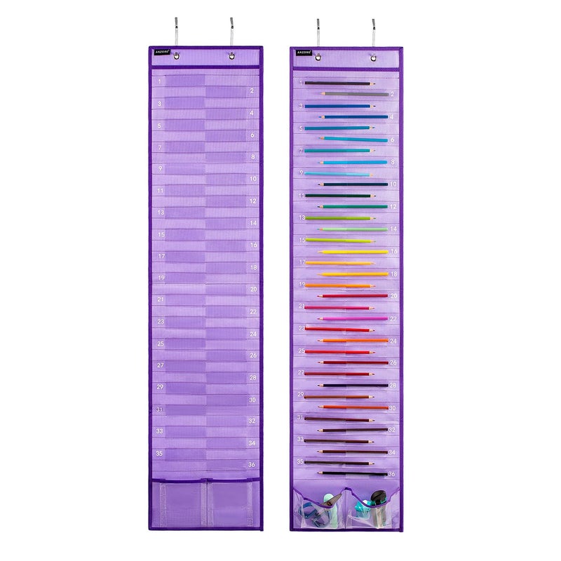 ANZORG Hanging Pencil Holder Classroom Pencil Parking Pocket Chart Numbered Pencil Dispenser Organizer as Back to School Essentials (2 Pack-Purple) - Image 1