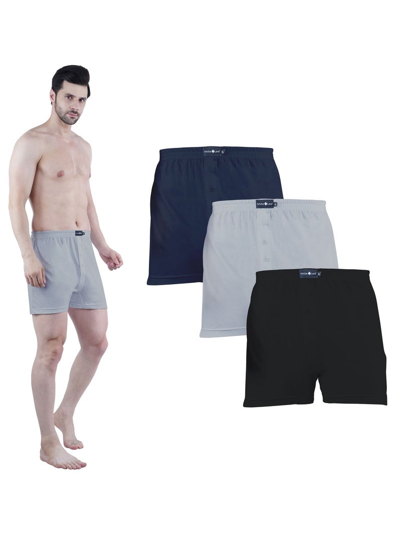 WHITE LEAF Men's Knitted Boxers 3PCS Pack – 100% Combed Cotton Breathable Relaxed Fit Innerwear, BK/GYM/NV - Image 1