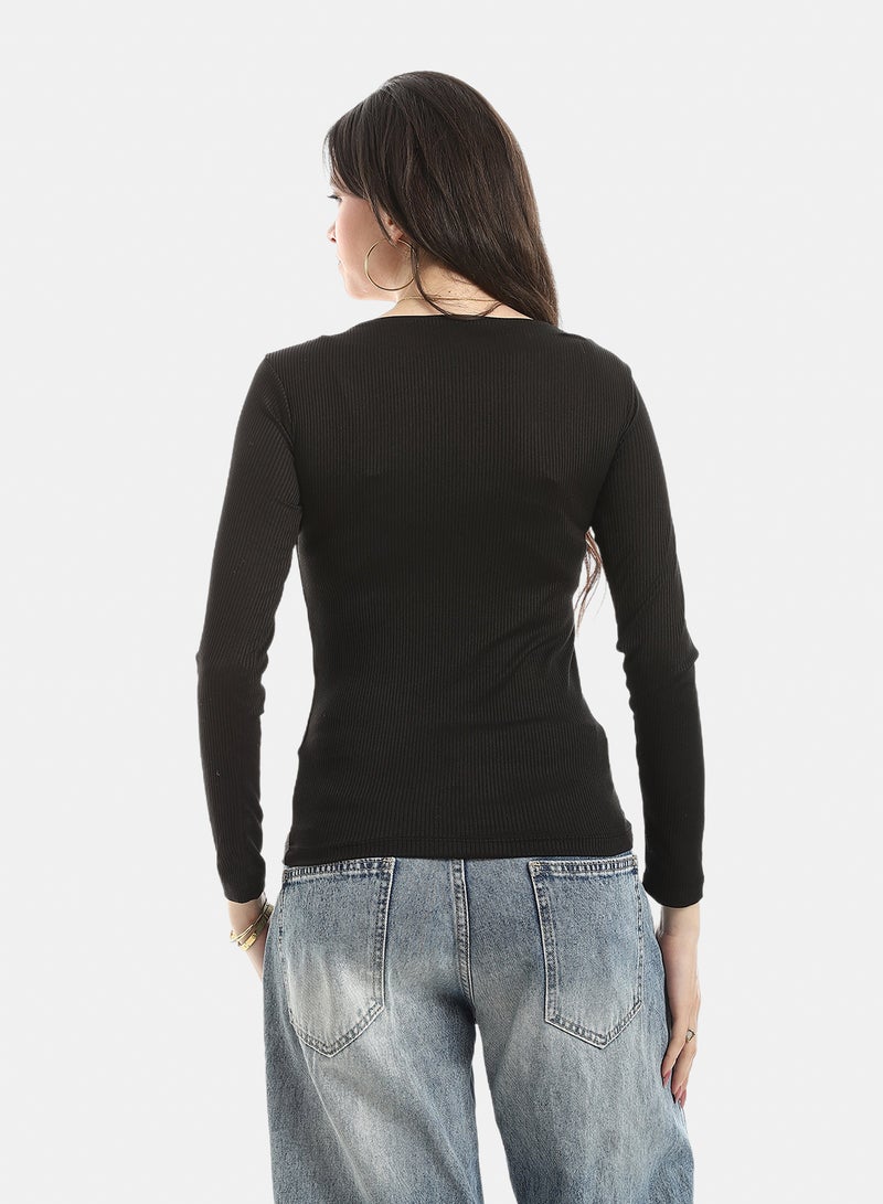 Andora Long Sleeves Ribbed Top - Black - Image 4