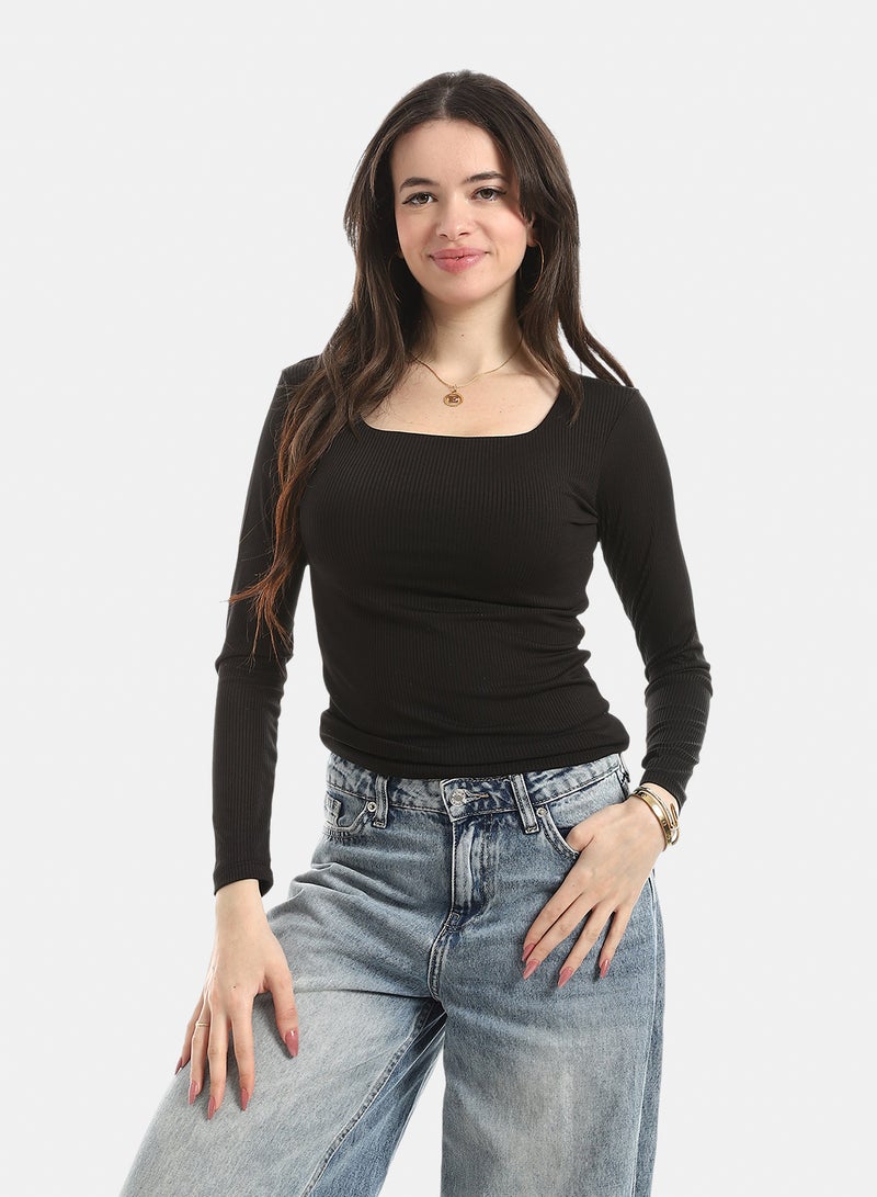 Andora Long Sleeves Ribbed Top - Black - Image 1