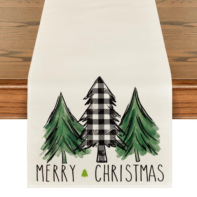 Artoid Mode Artoid Mode Buffalo Plaid Merry Christmas Trees Table Runner Seasonal Winter Xmas Holiday Kitchen Dining Table Decoration for Home Party Decor 13 x 72 Inch