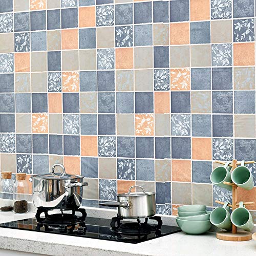 wolpin Kitchen Wallpaper Wall Sticker (45 x 300 CM, Blue & Orange) | Kitchen Tiles Pattern | DIY Wall Stickers for Stove Backsplash Countertop | Self Adhesive PVC Vinyl Decorative Home Décor Roll - Image 2