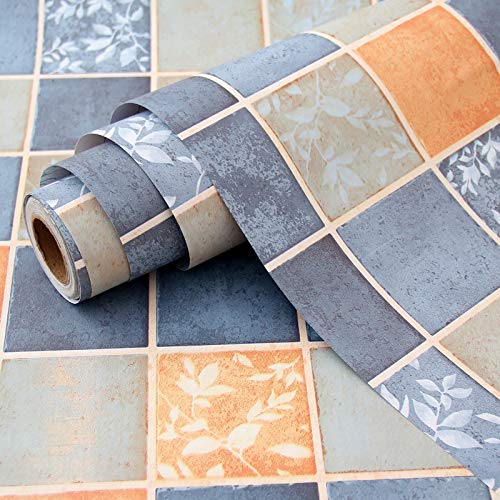 wolpin Kitchen Wallpaper Wall Sticker (45 x 300 CM, Blue & Orange) | Kitchen Tiles Pattern | DIY Wall Stickers for Stove Backsplash Countertop | Self Adhesive PVC Vinyl Decorative Home Décor Roll - Image 1
