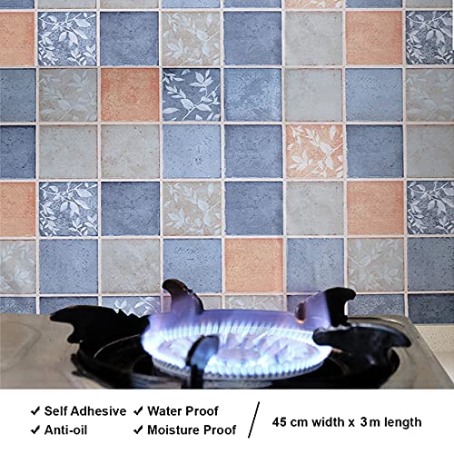 wolpin Kitchen Wallpaper Wall Sticker (45 x 300 CM, Blue & Orange) | Kitchen Tiles Pattern | DIY Wall Stickers for Stove Backsplash Countertop | Self Adhesive PVC Vinyl Decorative Home Décor Roll - Image 4